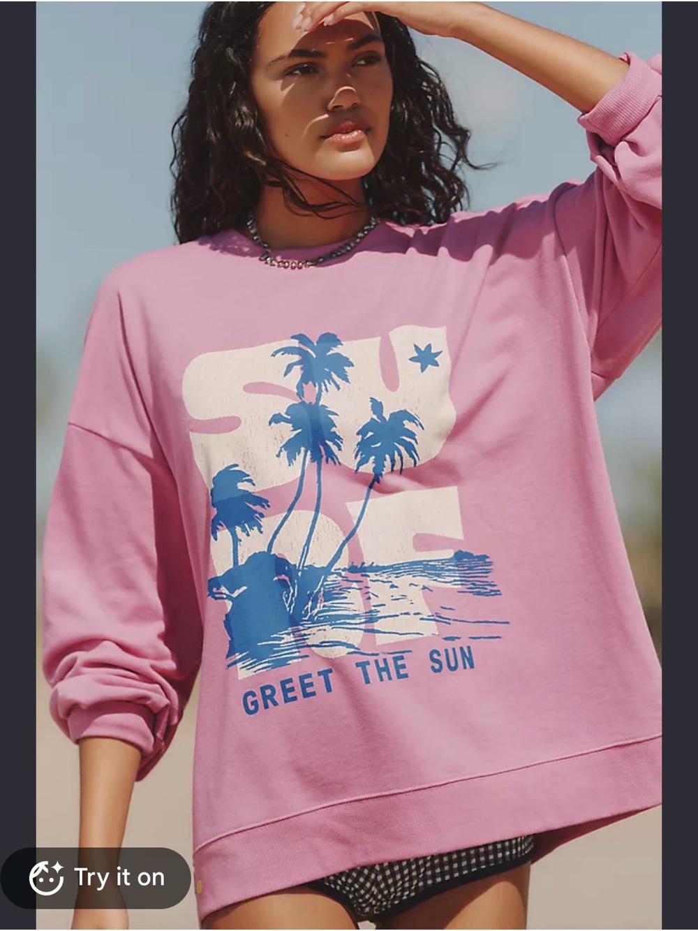 Anthropologie calendine surf Pink Graphic Sweatshirt with Blue Beach Print